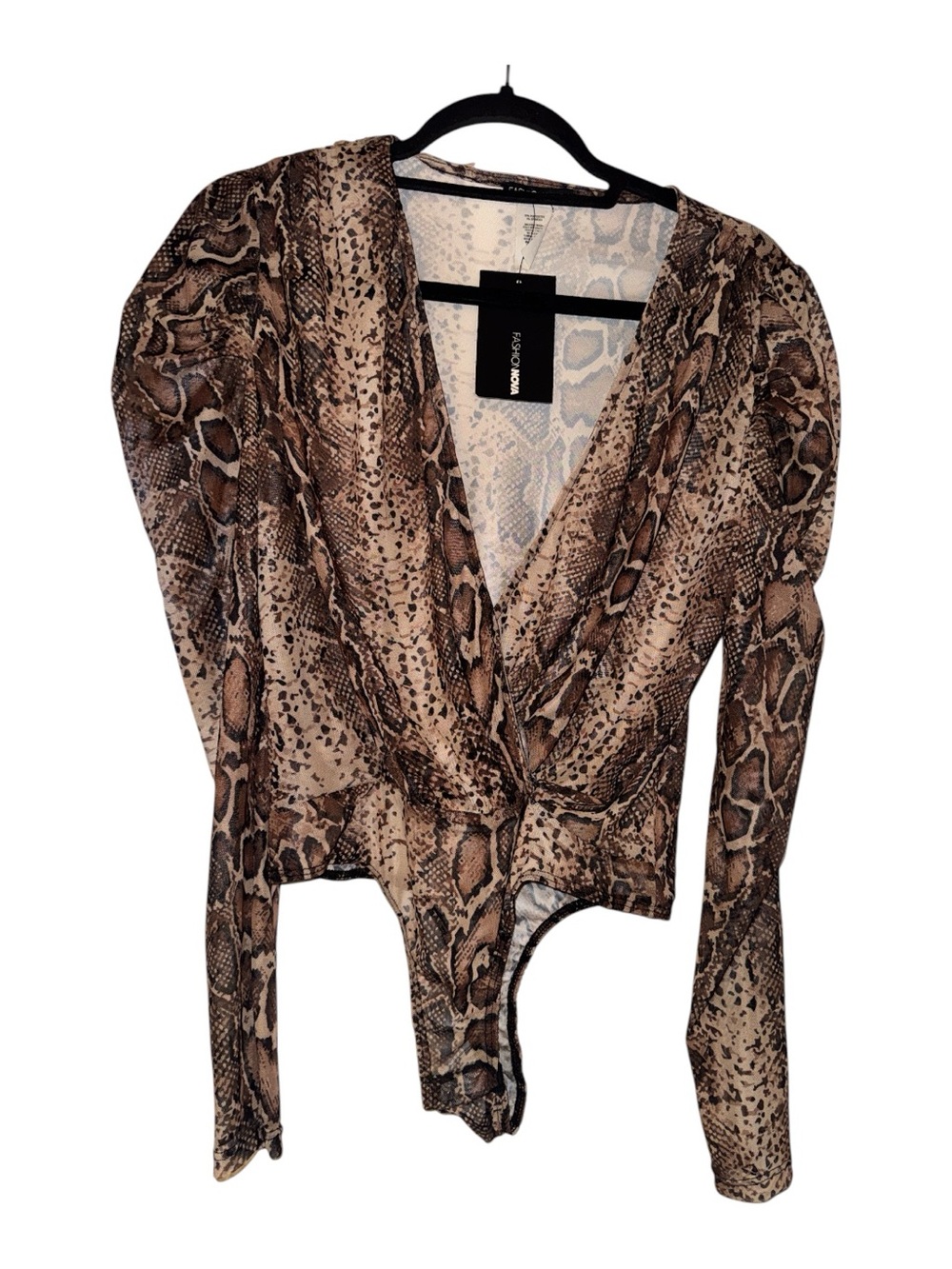 Fashion Nova Brown Snake-Print Surplice Bodysuit